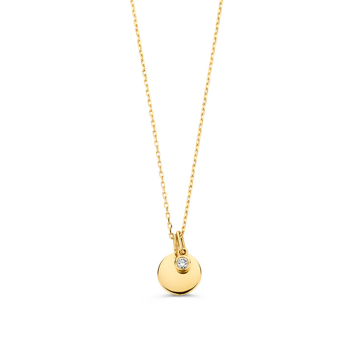 Halskette mit Gravurplatte + weißer Diamantanhänger 0,05 ct. Gelbgold