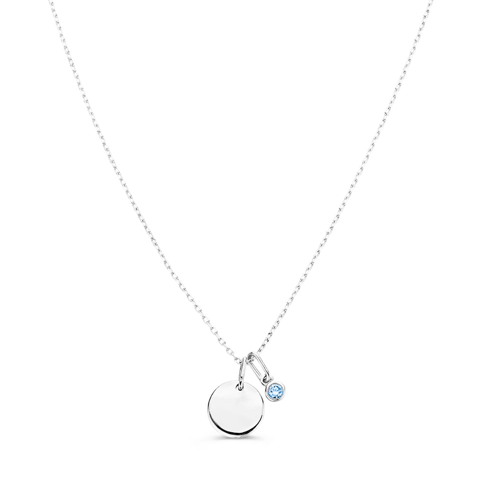 Halskette mit Gravurplatte + blauer Diamantanhänger 0,05 ct. Weißgold