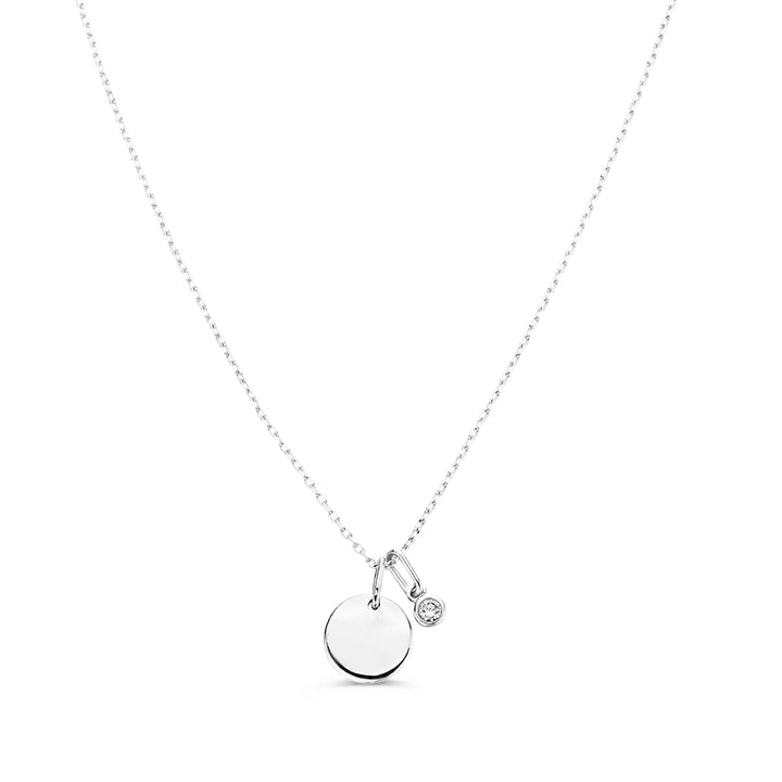 Halskette mit Gravurplatte + weißer Diamantanhänger 0,05 ct. Weißgold